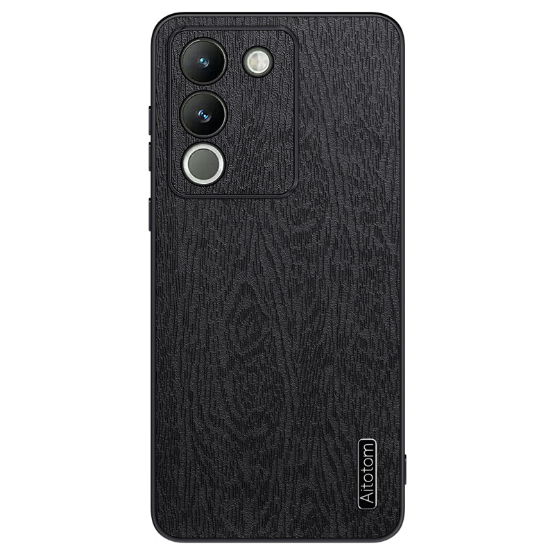 For vivo Y200 (India) 5G Cell Phone Case Wood Grain PU+PC+TPU Drop Resistant Cover - Black For vivo Y200 (India) 5G Cell Phone Case Wood Grain PU+PC+TPU Drop Resistant Cover - Black